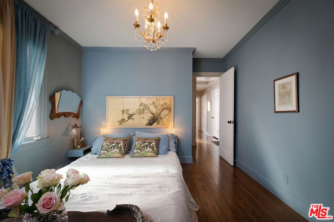 Bedroom, Chandelier, Interior, Wood Texture Flooring