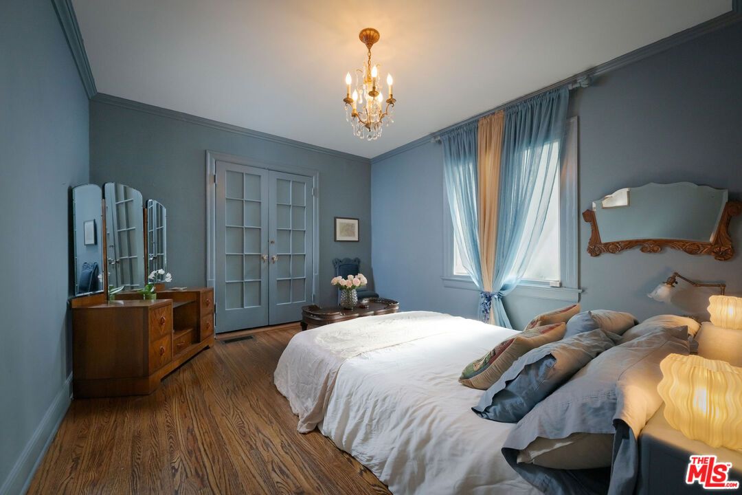 Bedroom, Chandelier, Interior, Wood Texture Flooring