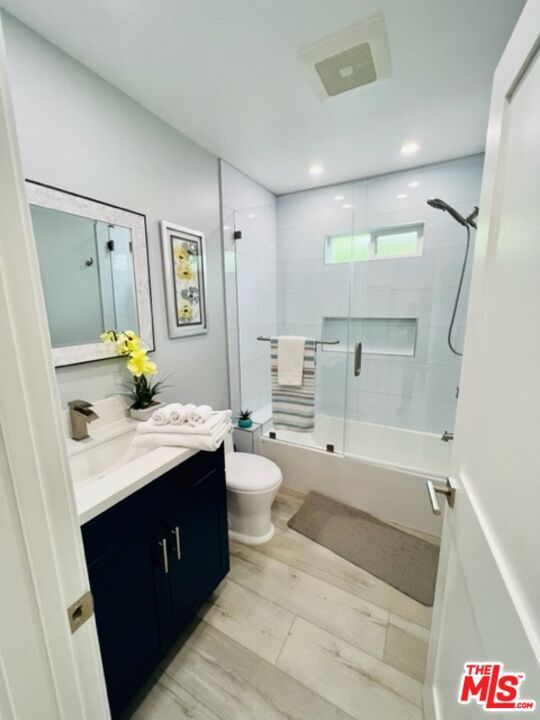 Bathroom, Glass Shower, Interior, Recessed Lighting, Wood Texture Flooring