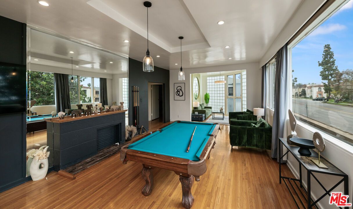 Billiard Table, Game Room, Interior, Pendant Lights, Recessed Lighting, Wood Texture Flooring