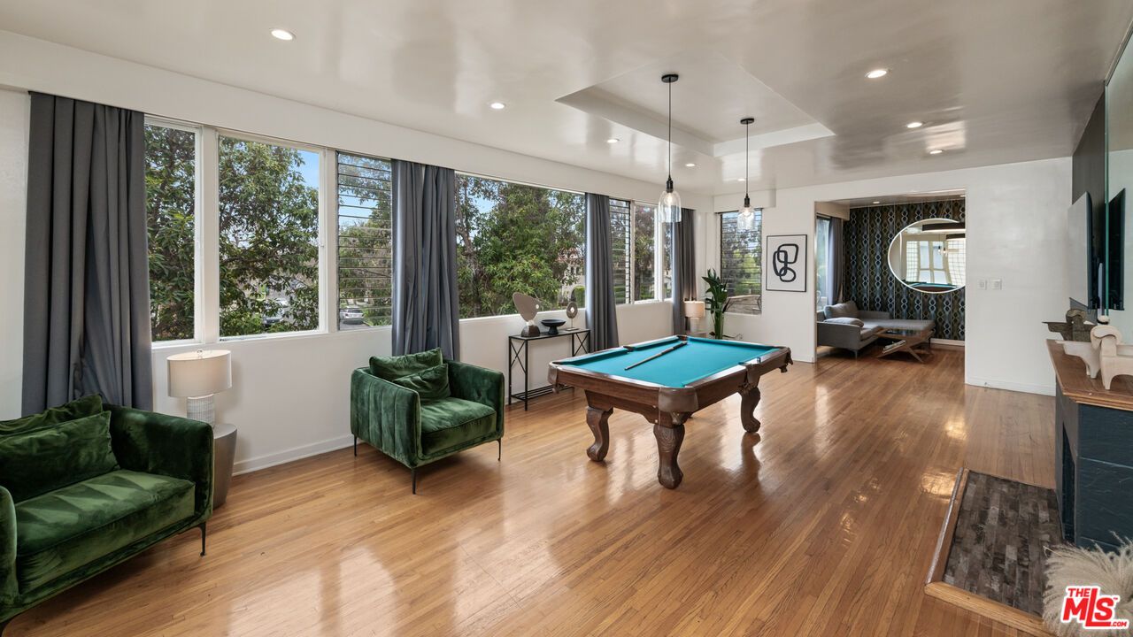 Billiard Table, Game Room, Interior, Pendant Lights, Recessed Lighting, Wood Texture Flooring