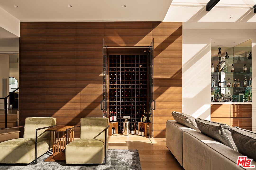 Interior, Living room, Recessed Lighting, Wine Storage, Wood Texture Flooring, Wooden Walls