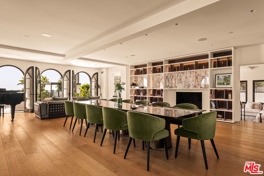 Dining room, Fireplace, Interior, Living room, Piano, Recessed Lighting, Wood Texture Flooring