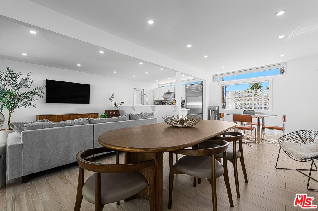 Dining room, Interior, Kitchen, Living room, Recessed Lighting, Stainless Steel Appliances, Wood Texture Flooring