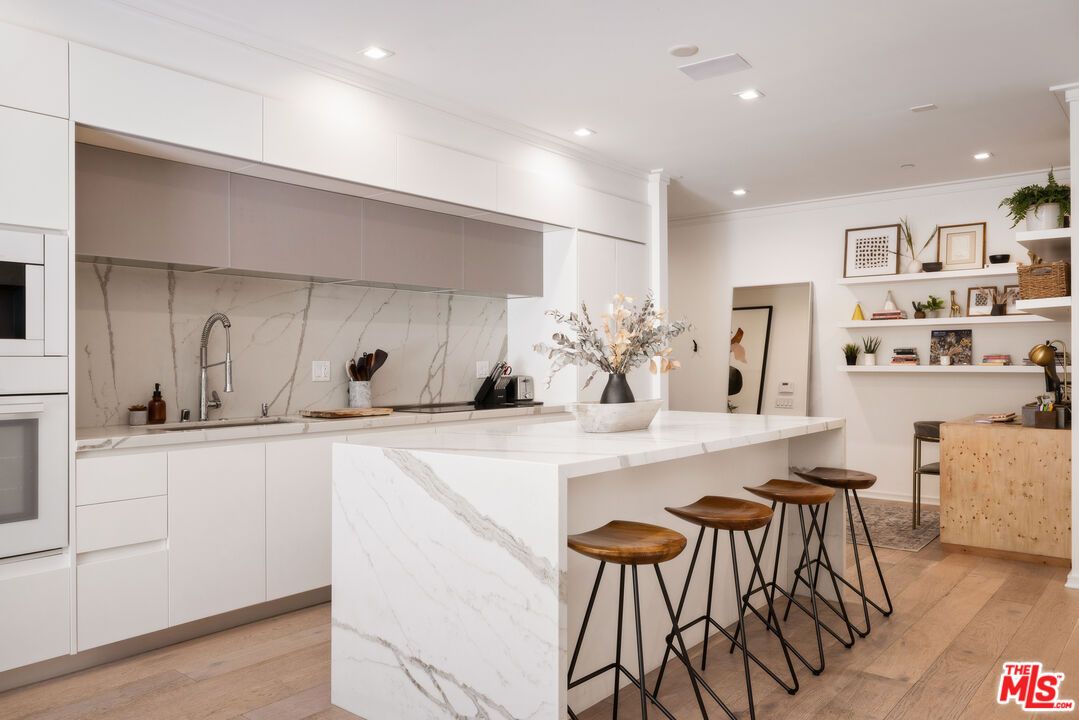 Interior, Kitchen, Marble Walls, Recessed Lighting, Wood Texture Flooring