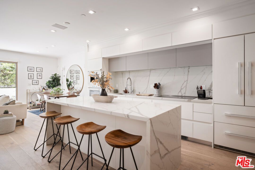 Interior, Kitchen, Marble Walls, Recessed Lighting, Wood Texture Flooring