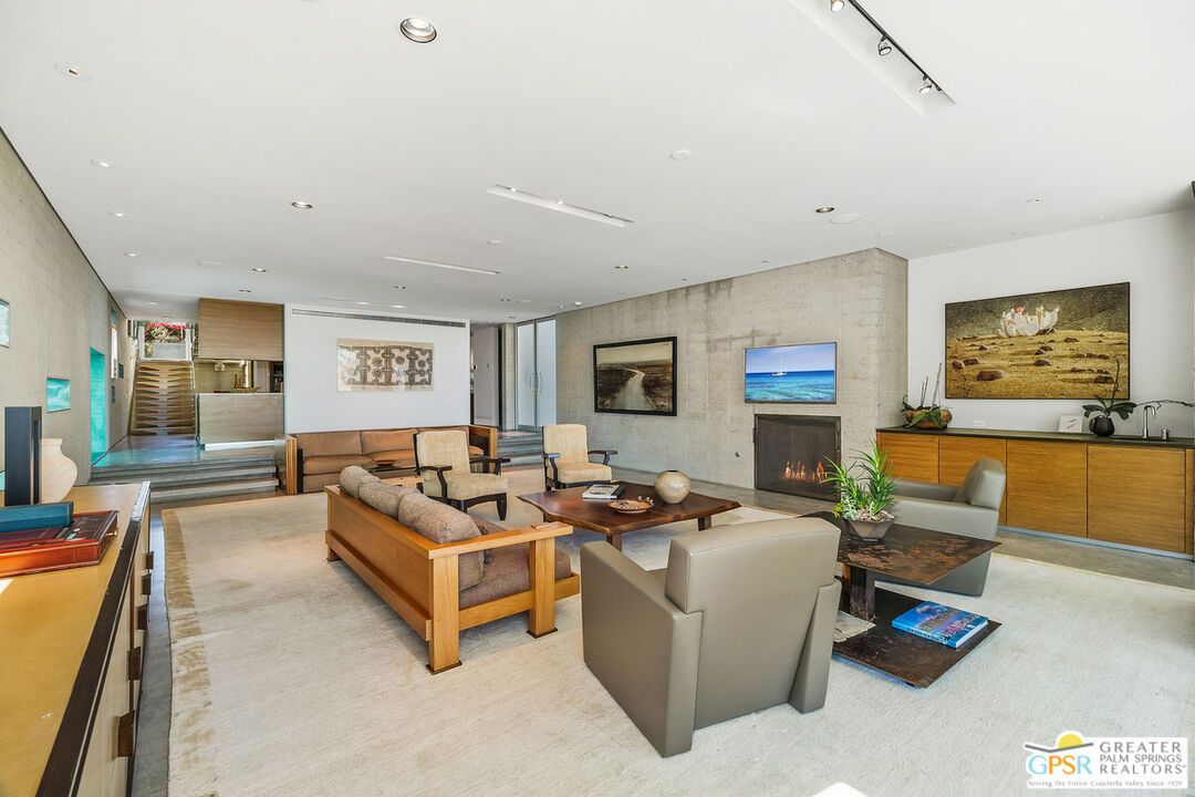 Fireplace, Interior, Living room, Recessed Lighting, Stone Walls