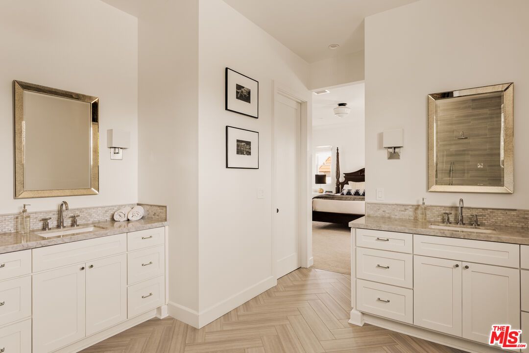 Bathroom, Bedroom, Dual Sink Vanities, Interior, Recessed Lighting, Wood Texture Flooring