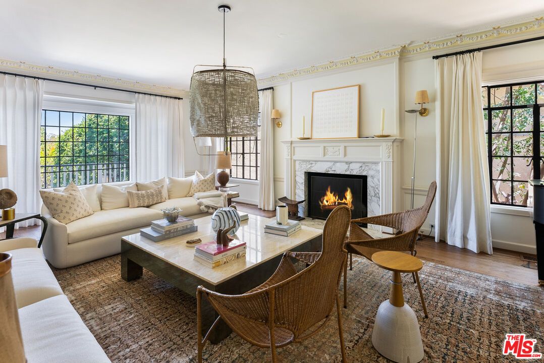 Fireplace, Interior, Living room, Pendant Lights, Wood Texture Flooring