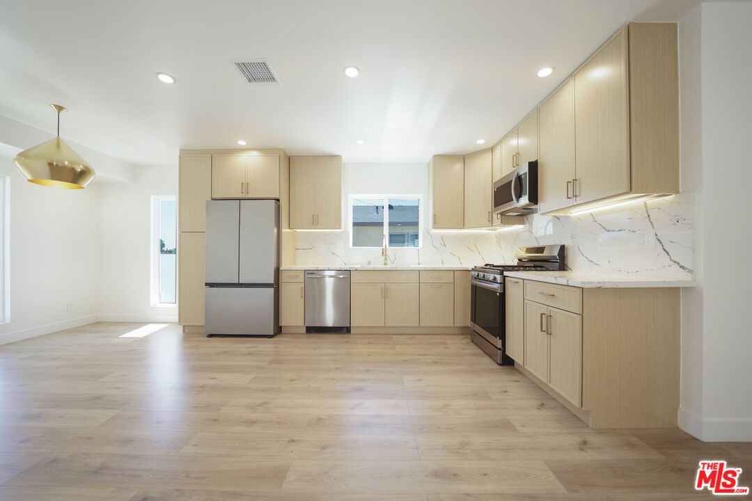Interior, Kitchen, Pendant Lights, Recessed Lighting, Stainless Steel Appliances, Wood Texture Flooring