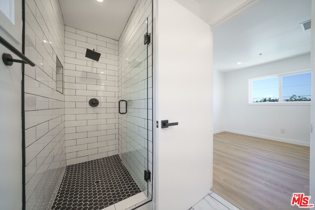 Bathroom, Glass Shower, Interior, Recessed Lighting, Wood Texture Flooring