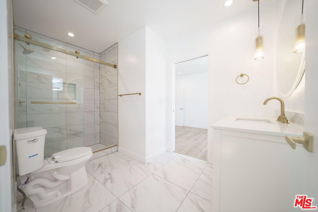 Bathroom, Glass Shower, Interior, Marble, Marble Walls, Pendant Lights, Recessed Lighting