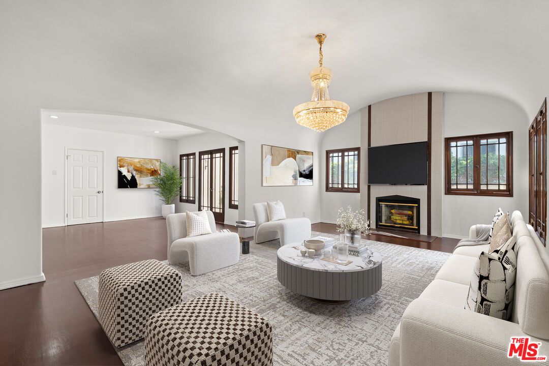 Chandelier, Fireplace, Interior, Living room, Recessed Lighting, Wood Texture Flooring