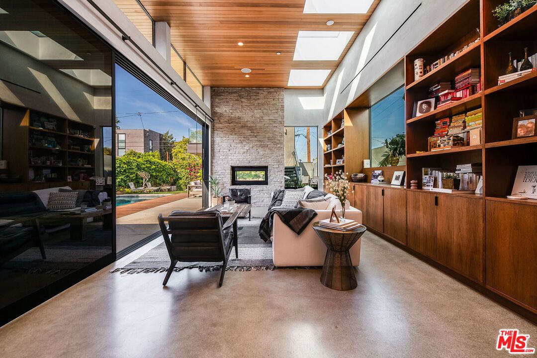 Fireplace, Interior, Living room, Recessed Lighting, Stone Walls, Wooden Ceilings