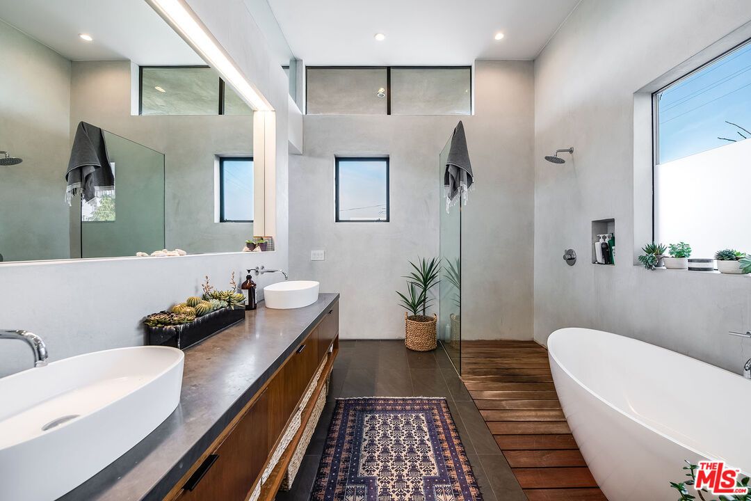 Bathroom, Dual Sink Vanities, Free Standing Baths, Interior, Recessed Lighting, Wood Texture Flooring