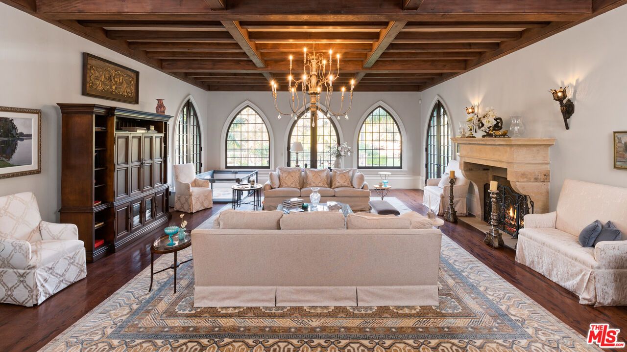 Chandelier, Fireplace, Interior, Living room, Wooden Beams, Wooden Ceilings, Wood Texture Flooring