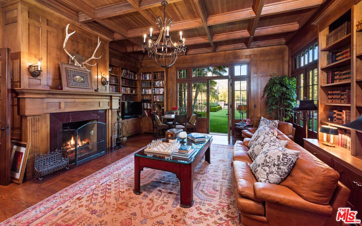 Chandelier, Fireplace, Interior, Living room, Wooden Beams, Wooden Ceilings, Wood Texture Flooring, Wooden Walls