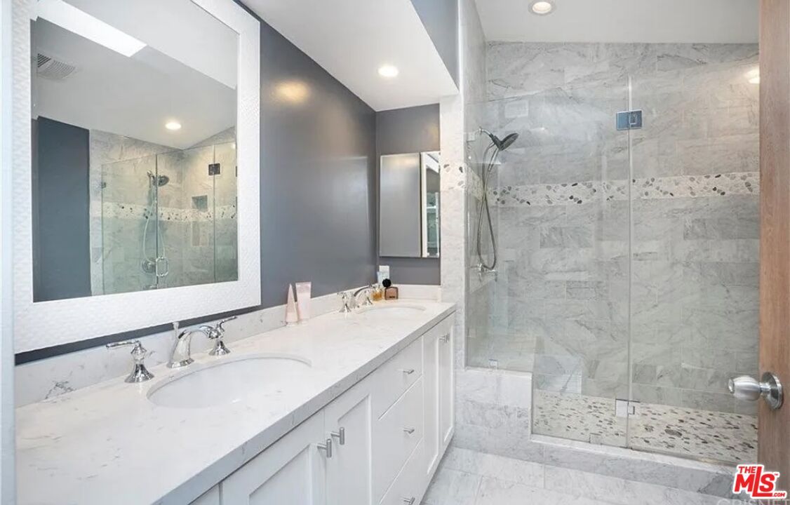 Bathroom, Dual Sink Vanities, Glass Shower, Interior, Marble, Marble Walls, Recessed Lighting