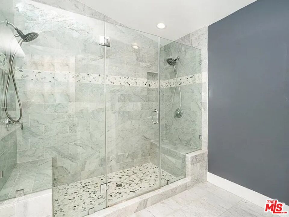 Bathroom, Glass Shower, Interior, Marble Walls, Recessed Lighting
