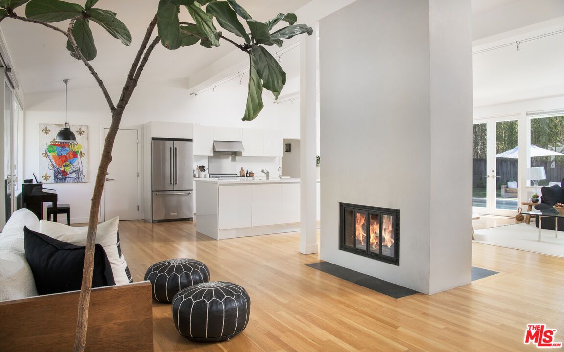 Fireplace, Interior, Kitchen, Pendant Lights, Stainless Steel Appliances, Wood Texture Flooring