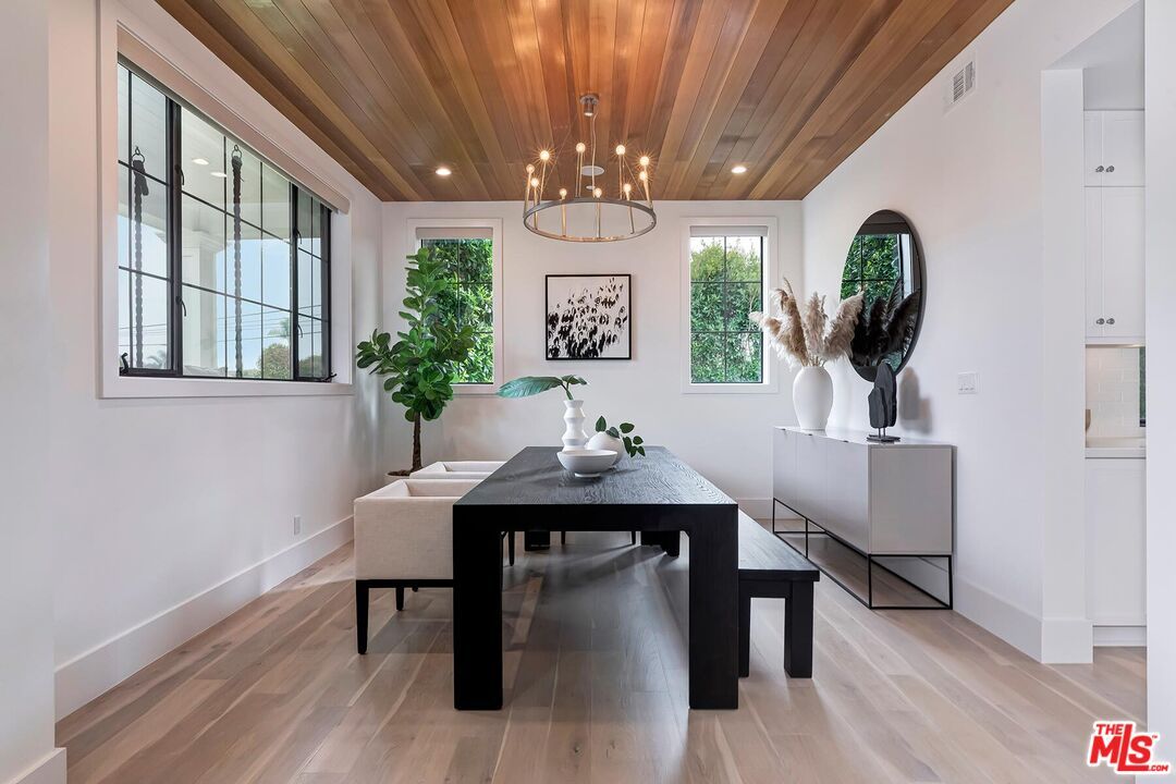 Dining room, Interior, Pendant Lights, Recessed Lighting, Wooden Ceilings, Wood Texture Flooring