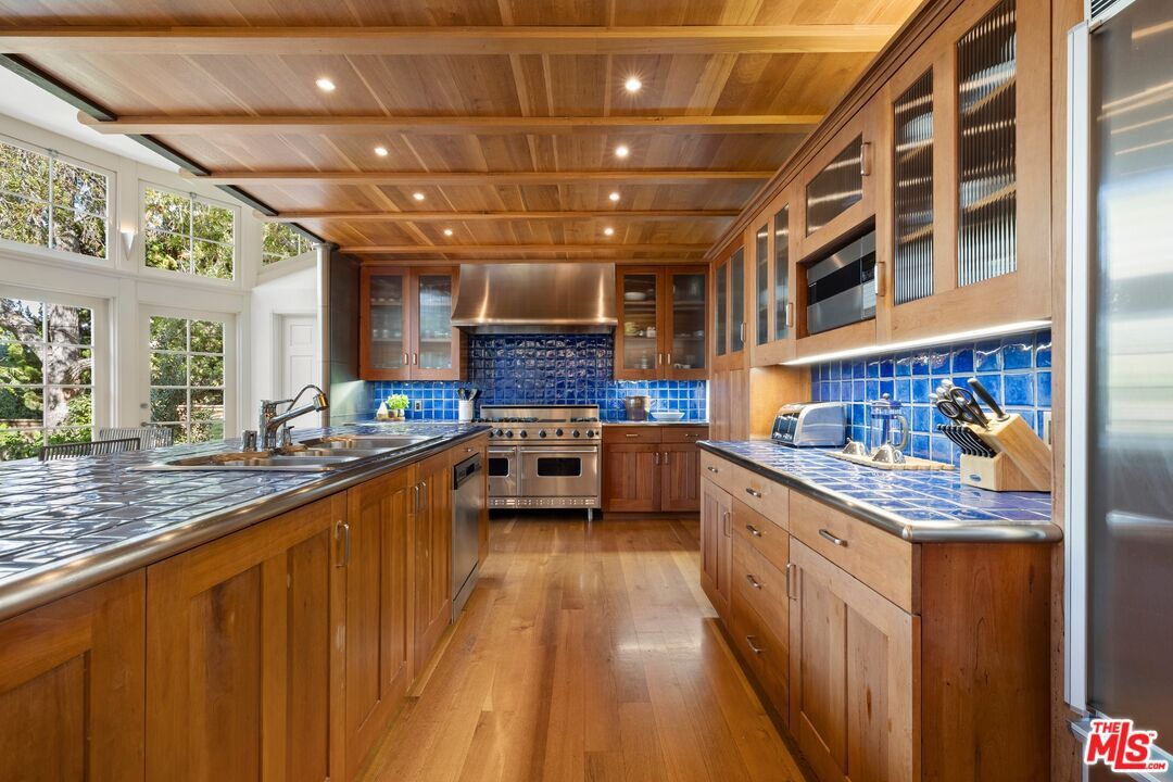 Interior, Kitchen, Recessed Lighting, Stainless Steel Appliances, Tile Countertops, Wooden Beams, Wooden Ceilings, Wood Texture Flooring