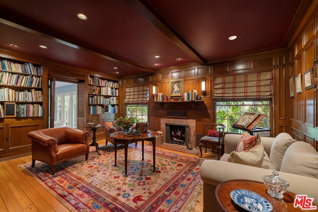 Fireplace, Interior, Living room, Piano, Recessed Lighting, Wooden Beams, Wood Texture Flooring, Wooden Walls