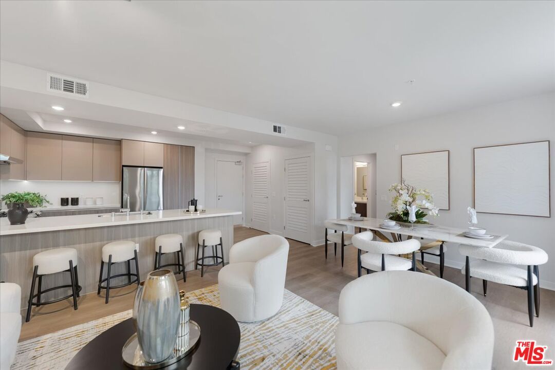 Dining room, Interior, Kitchen, Recessed Lighting, Stainless Steel Appliances, Wood Texture Flooring