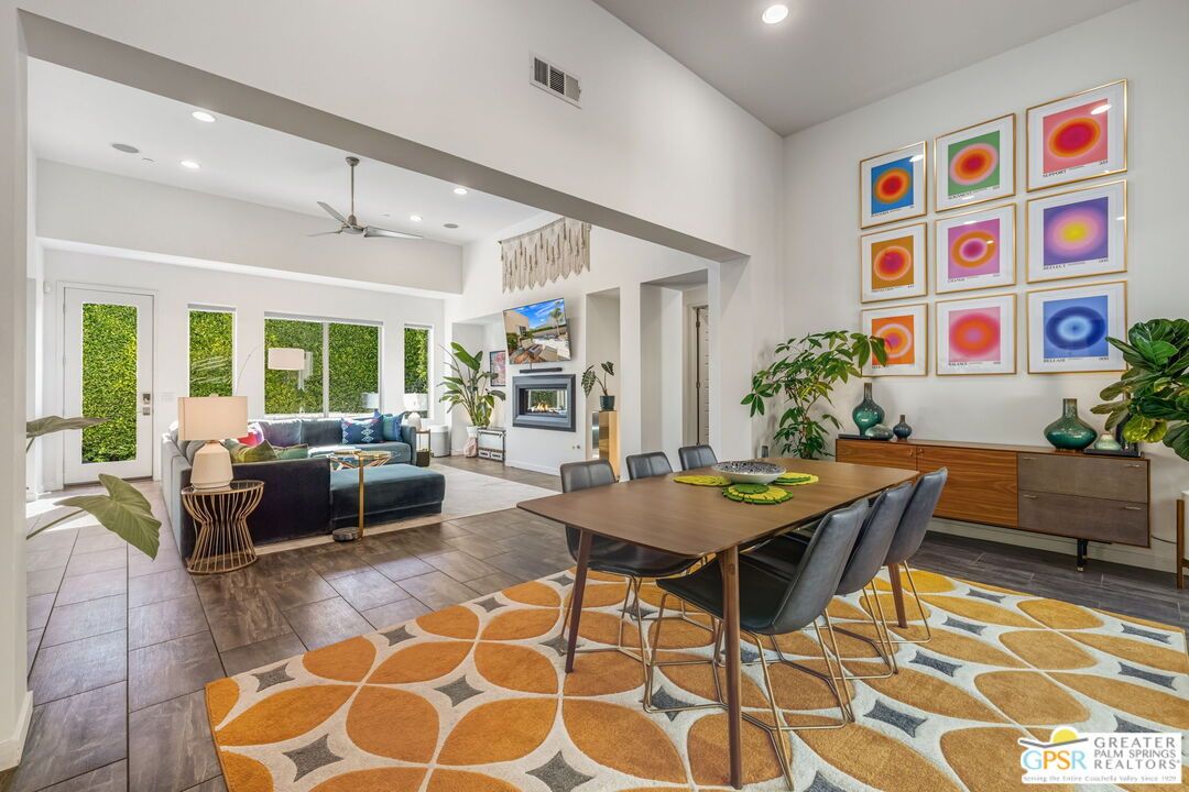 Dining room, Fireplace, Interior, Living room, Recessed Lighting, Wood Texture Flooring