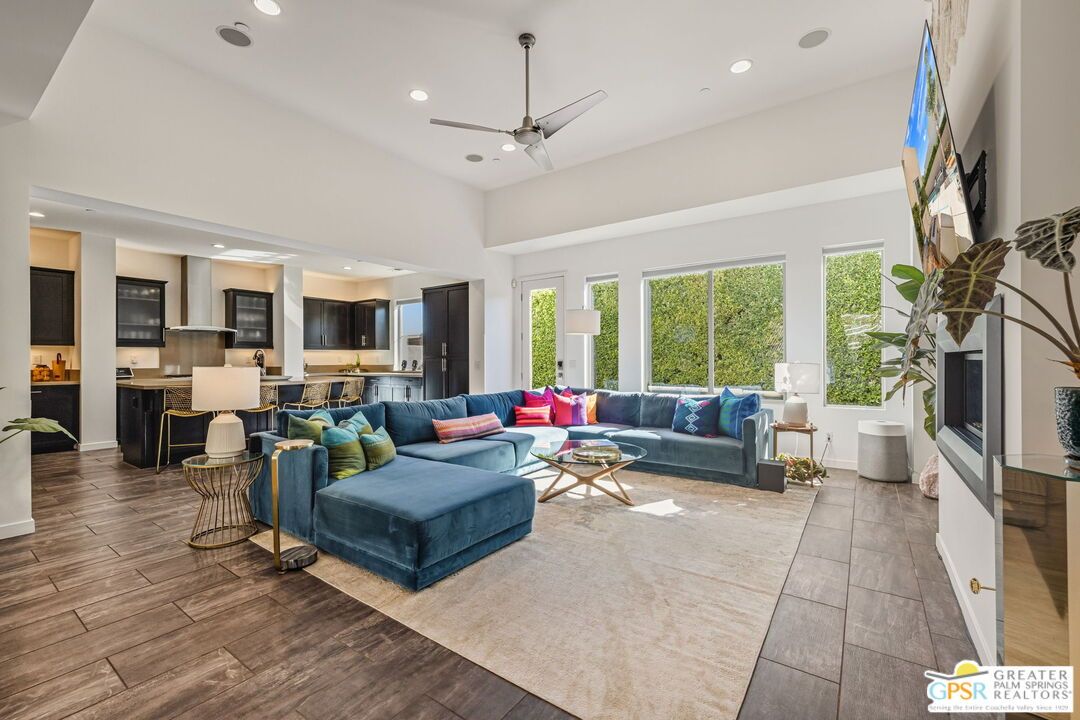 Fireplace, Interior, Kitchen, Living room, Recessed Lighting, Wood Texture Flooring