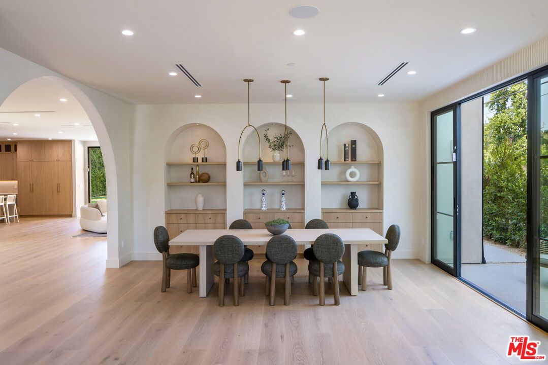 Dining room, Interior, Pendant Lights, Recessed Lighting, Wood Texture Flooring