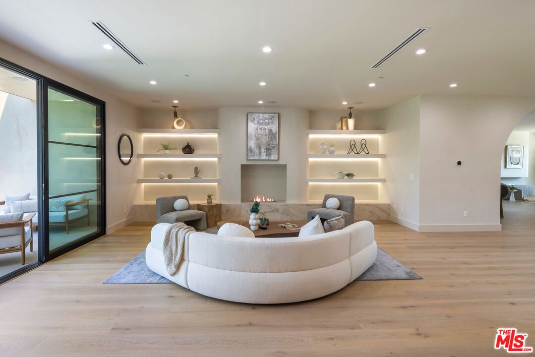 Fireplace, Interior, Living room, Recessed Lighting, Wood Texture Flooring