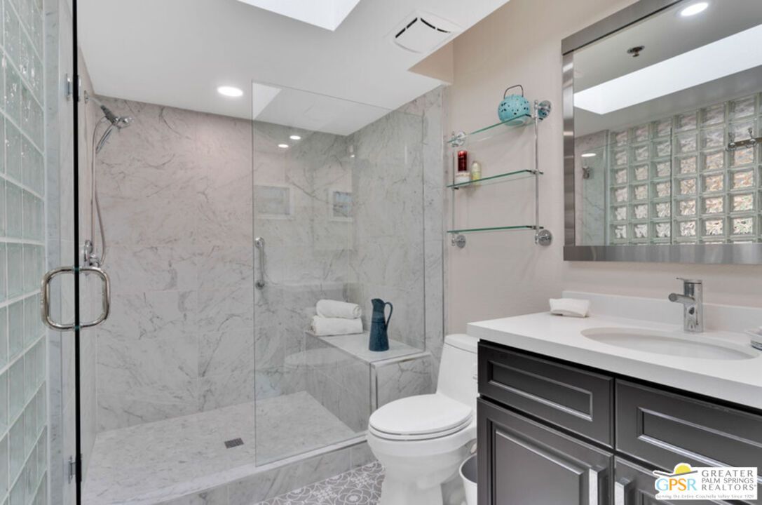 Bathroom, Glass Shower, Interior, Marble Walls, Recessed Lighting