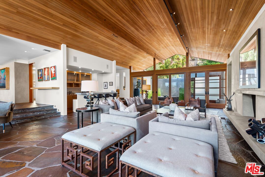 Fireplace, Interior, Kitchen, Living room, Recessed Lighting, Wooden Ceilings