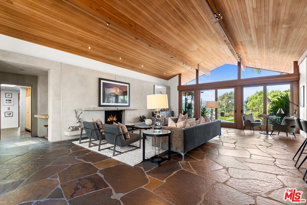 Fireplace, Interior, Living room, Recessed Lighting, Wooden Ceilings