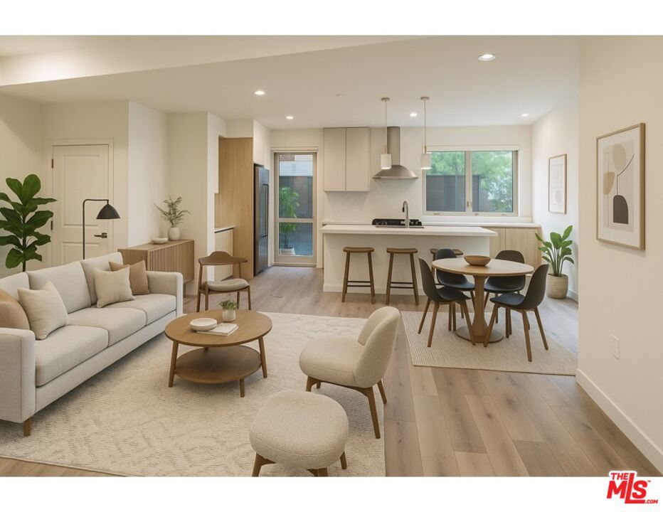 Dining room, Interior, Kitchen, Living room, Pendant Lights, Recessed Lighting, Stainless Steel Appliances, Wood Texture Flooring