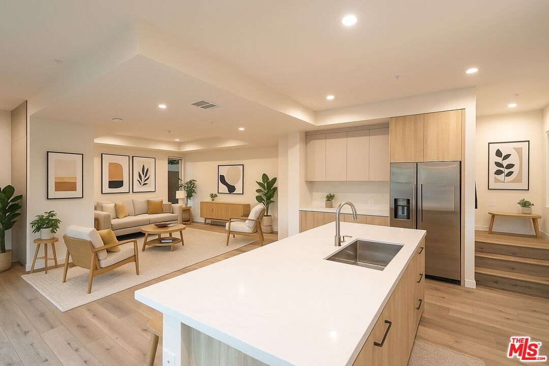 Interior, Kitchen, Living room, Recessed Lighting, Stainless Steel Appliances, Wood Texture Flooring