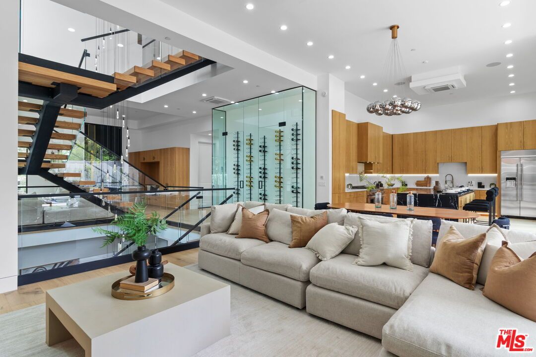 Interior, Kitchen, Living room, Pendant Lights, Recessed Lighting, Wine Storage, Wood Texture Flooring