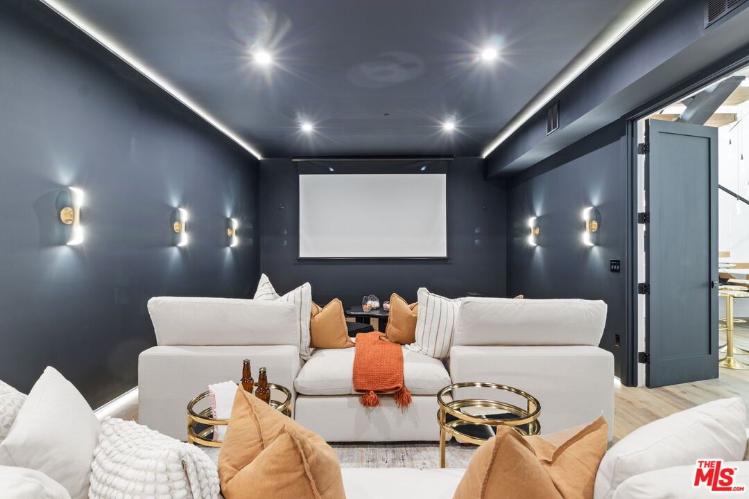 Interior, Projection Screen, Recessed Lighting, Theatre Room, Wood Texture Flooring