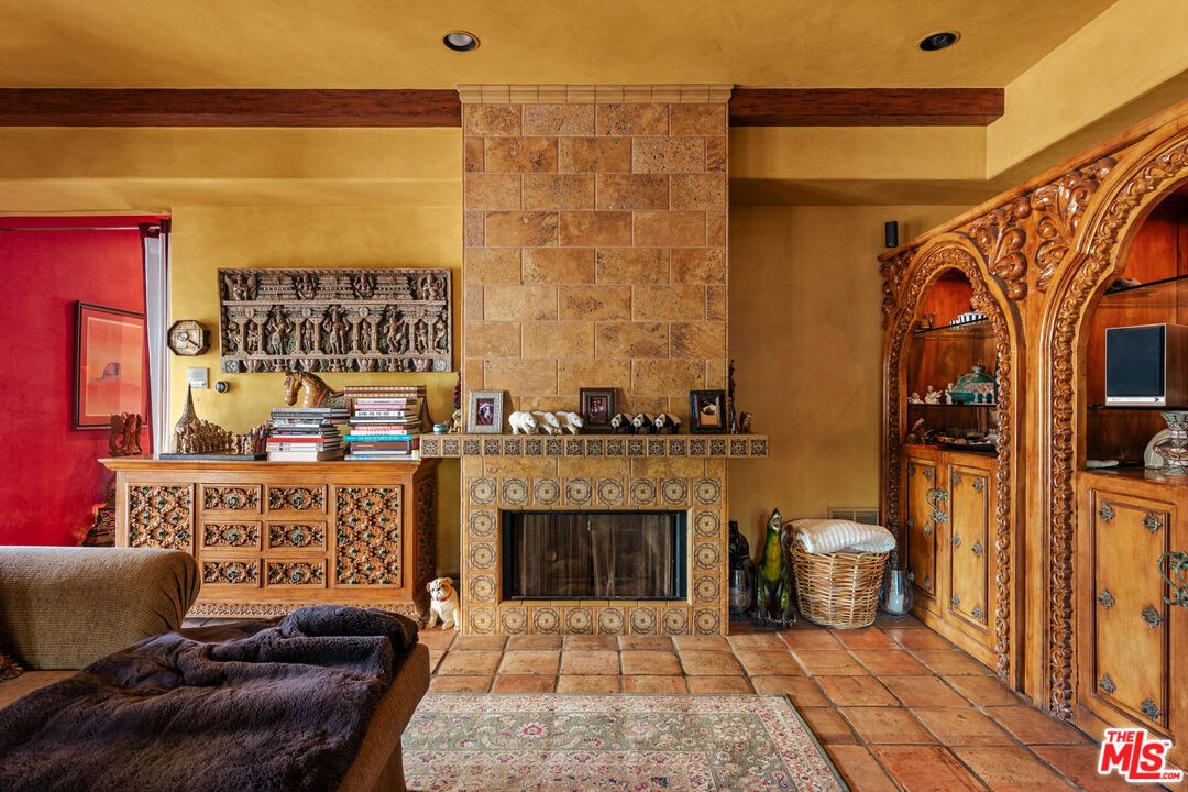 Fireplace, Interior, Recessed Lighting, Stone Walls