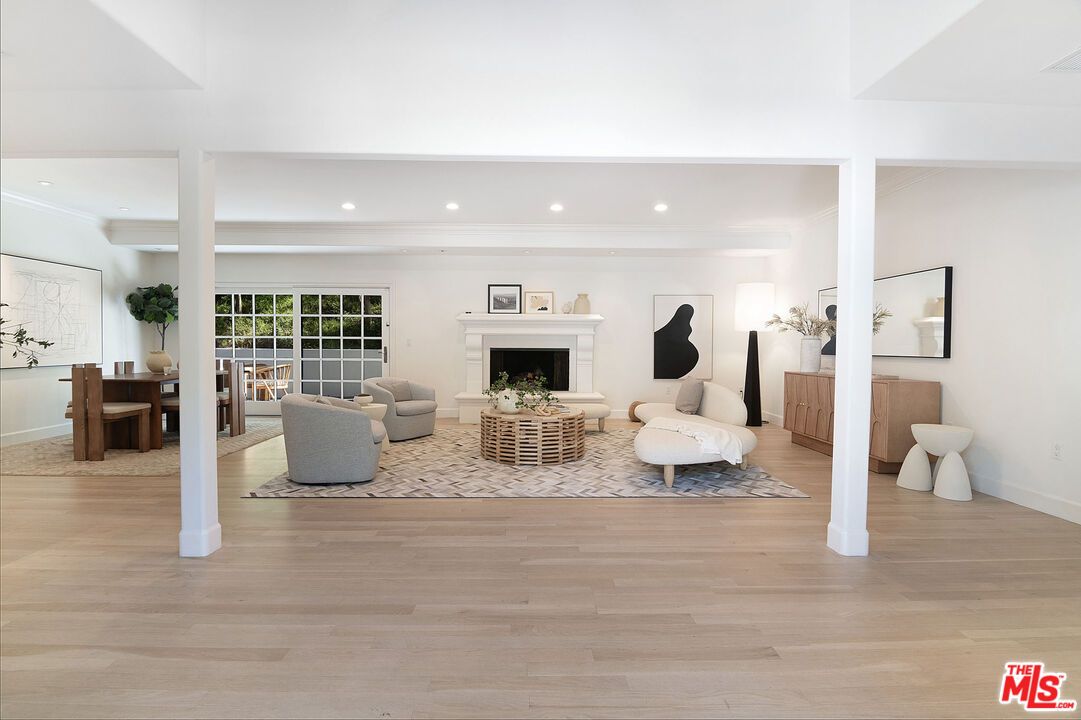 Fireplace, Interior, Living room, Recessed Lighting, Wood Texture Flooring