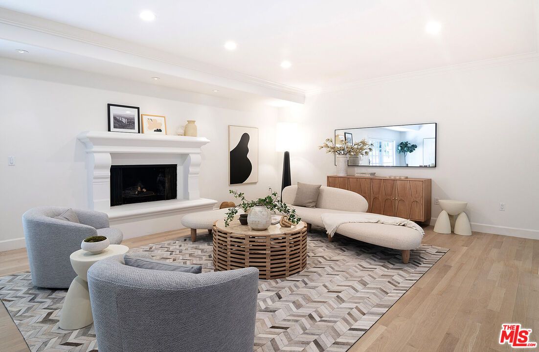 Fireplace, Interior, Living room, Recessed Lighting, Wood Texture Flooring