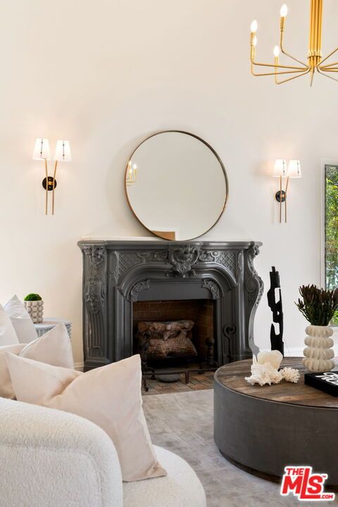 Chandelier, Fireplace, Interior