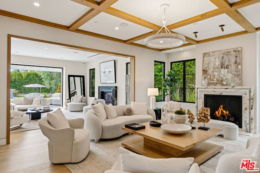 Fireplace, Interior, Living room, Pendant Lights, Recessed Lighting, Wooden Beams, Wood Texture Flooring