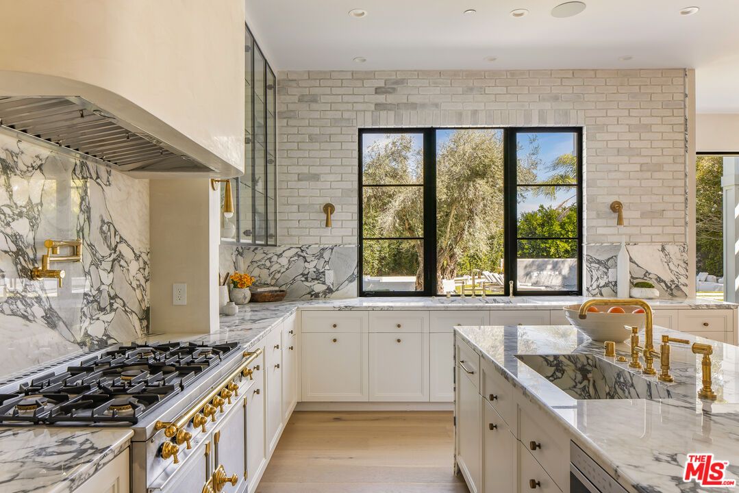 Interior, Kitchen, Marble Walls, Recessed Lighting, Stainless Steel Appliances, Stone Walls, Wood Texture Flooring