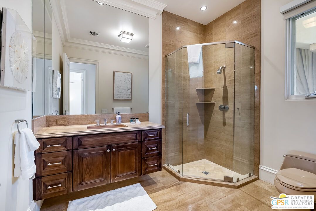 Bathroom, Glass Shower, Interior, Recessed Lighting, Wood Texture Flooring