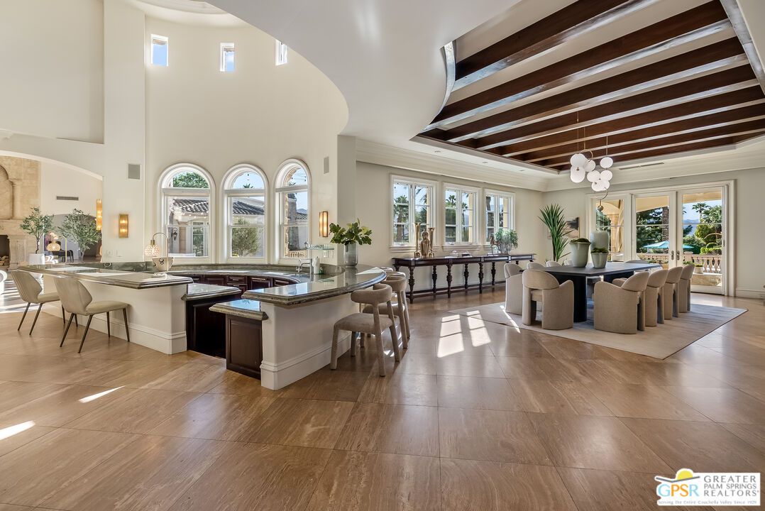 Dining room, Interior, Pendant Lights, Wooden Beams, Wood Texture Flooring