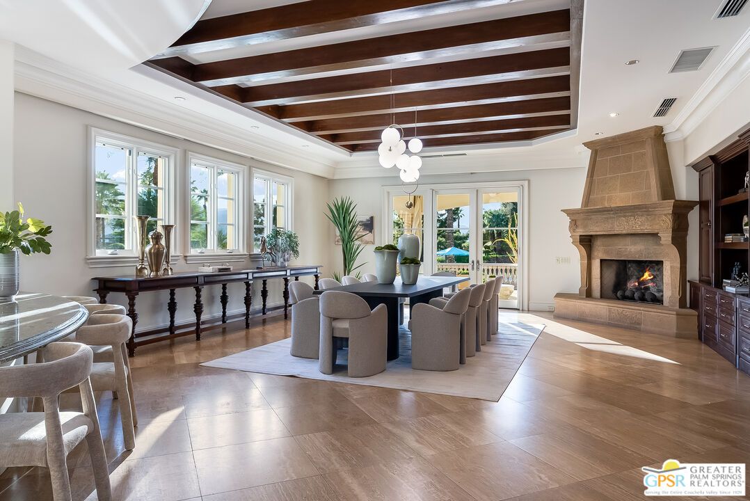Chandelier, Dining room, Fireplace, Interior, Pendant Lights, Recessed Lighting, Wooden Beams, Wood Texture Flooring