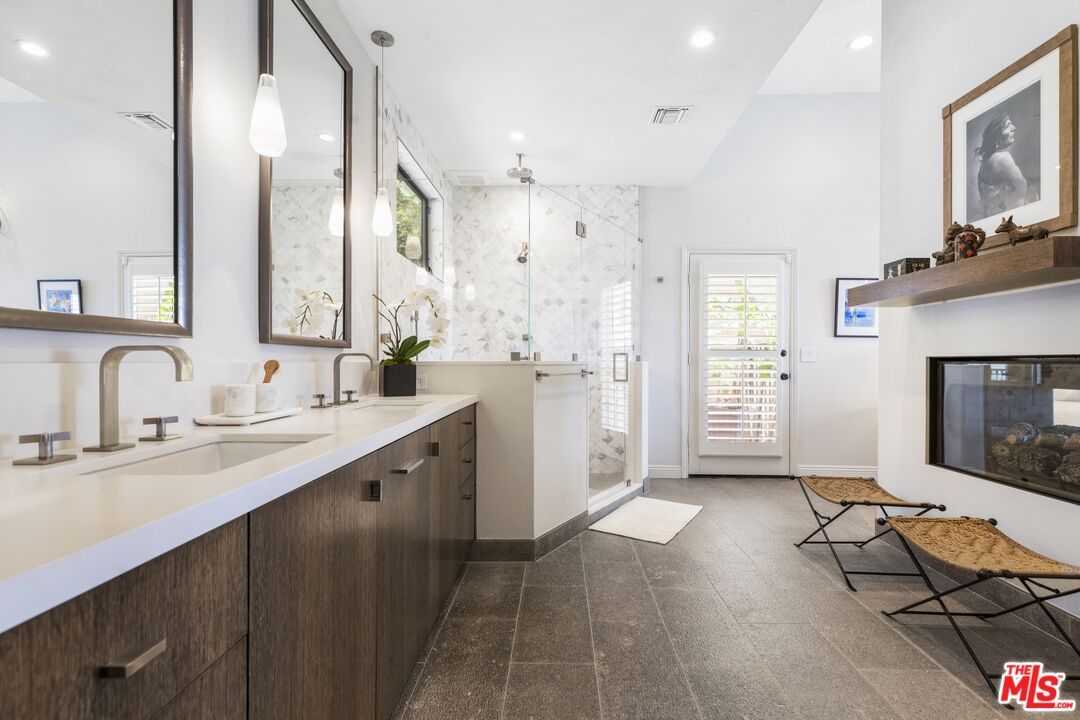 Bathroom, Dual Sink Vanities, Glass Shower, Interior, Marble Walls, Recessed Lighting