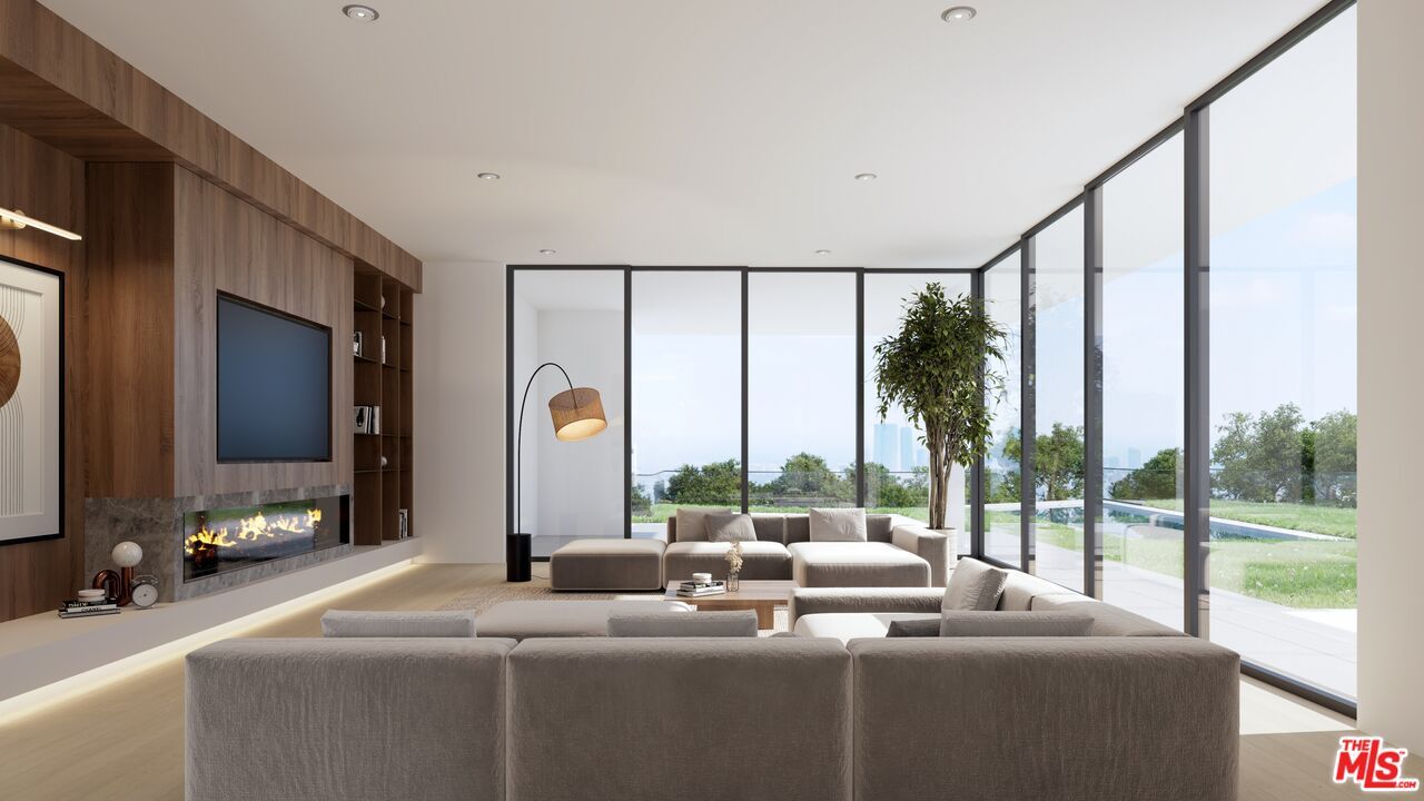 Fireplace, Interior, Living room, Recessed Lighting, Wood Texture Flooring, Wooden Walls